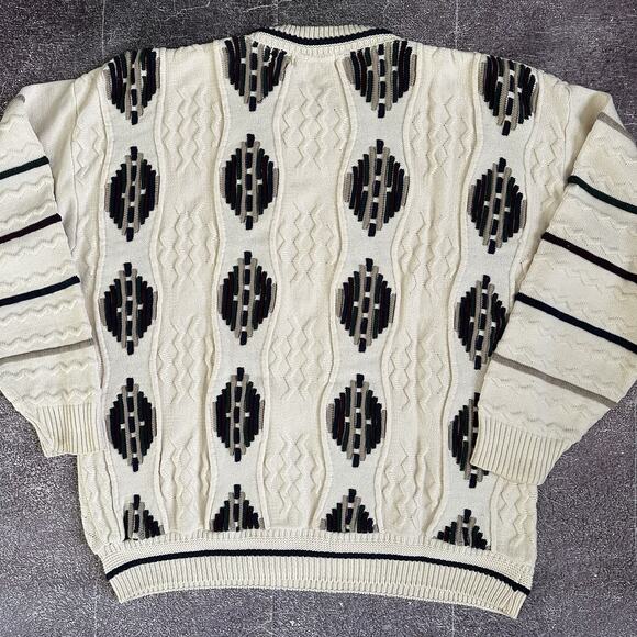 Men's Vintage 90's Lavane Off White Navy Blue Textured Crewneck 3D Sweater Sz XL - Picture 4 of 5